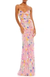 Mac Duggal Metallic Floral Sheath Gown In Pink Multi
