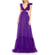 Mac Duggal Ruched Ruffled Shoulder Cut Out Lace Up Gown In Purple