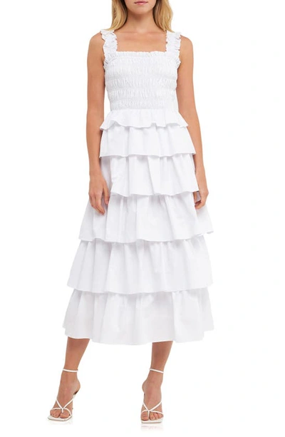 English Factory Shirred Ruffle Tiered Cotton Sundress In White