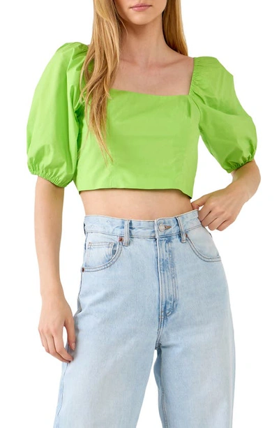English Factory Puff Sleeve Top With Back Bow In Green