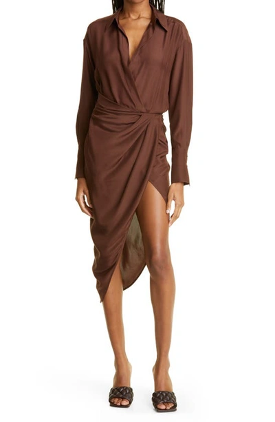 Gauge81 Puno Silk Draped Asymmetric Midi Dress In Brown