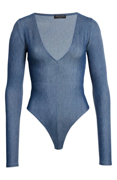 Naked Wardrobe Stretch Denim Bodysuit In Blue