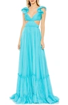 Mac Duggal Ruched Ruffled Shoulder Cut Out Lace Up Gown In Turquoise