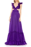 Mac Duggal Ruched Ruffled Shoulder Cut Out Lace Up Gown In Purple