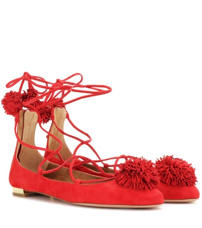 Aquazzura Sunshine Pompom-embellished Suede Ballet Flats In Red