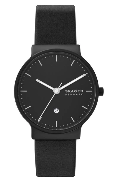 Skagen Men's Ancher Black Leather Strap Watch, 40mm