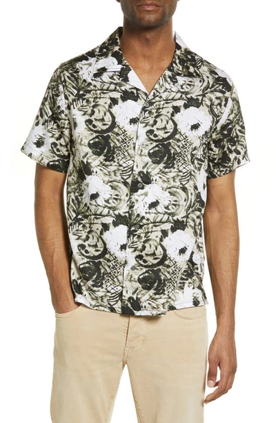 John Varvatos Danny Floral Short Sleeve Cotton Button-up Camp Shirt In Olive