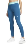 Nike Women's  Pro Mid-rise Mesh-paneled Leggings In Marina,washed Teal,white