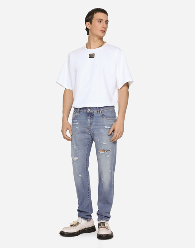 Dolce & Gabbana Light Blue Slim-fit Stretch Jeans With Rips In Multicolor
