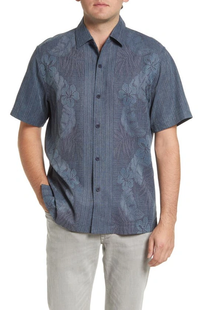 Tommy Bahama Bali Border Silk Floral Jacquard Regular Fit Button Down Camp Shirt In Navy