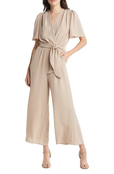 Fraiche By J Tie Front Wide Leg Jumpsuit In Khaki