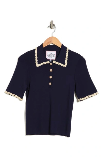 Alexia Admor Collared Knit Short Sleeve Top In Navy