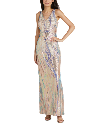 Nightway Multicolored Sequin Gown In Champagne
