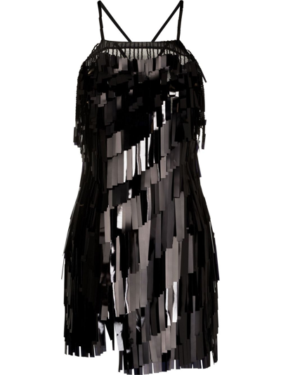 Attico Black Abito Square Neck Tasselled Mini Dress In Nero