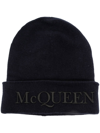 Alexander Mcqueen Embroidered-logo Ribbed Beanie In Blue