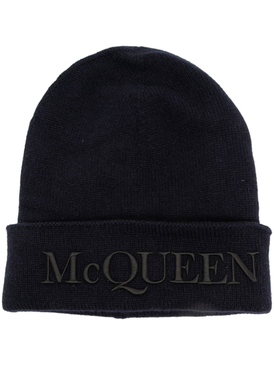 Alexander Mcqueen Logo-print Cashmere Beanie In Blue