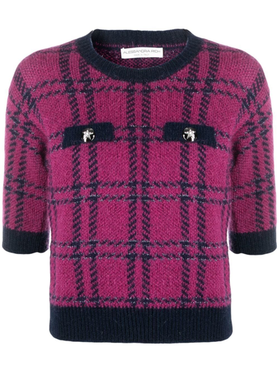 Alessandra Rich Round-neck Tartan Mohair-blend Knitted Jumper In Fuchsia