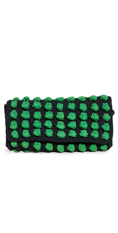 Clare V Claudette Clutch In Black & Green Crochet Popcorn