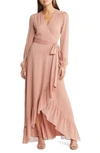 Wayf Meryl Long Sleeve Wrap High/low Gown In Putty