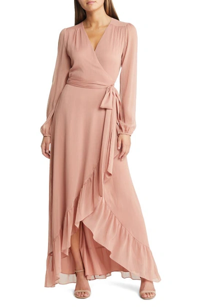 Wayf Meryl Long Sleeve Wrap High/low Gown In Putty