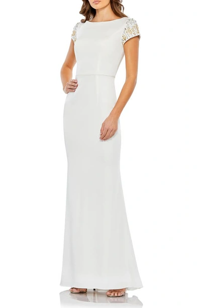 Mac Duggal Beaded Cap Sleeve Bateau Column Dress In White