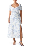& Other Stories Ruched Linen Dress In White W. Blue Toile Aop
