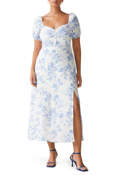 & Other Stories Ruched Linen Dress In White W. Blue Toile Aop