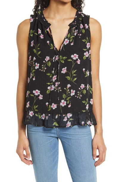 Gibsonlook Floral Ruffle Sleeveless Blouse In Black Dot Floral