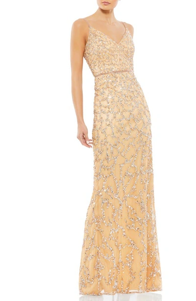 Mac Duggal Shatter Sequin Sheath Gown In Nude