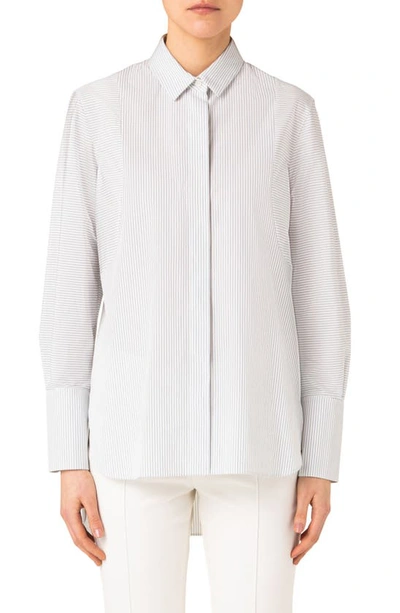 Akris Punto Stripe Back Pleat Cotton Poplin Button-up Shirt In Sky-cream