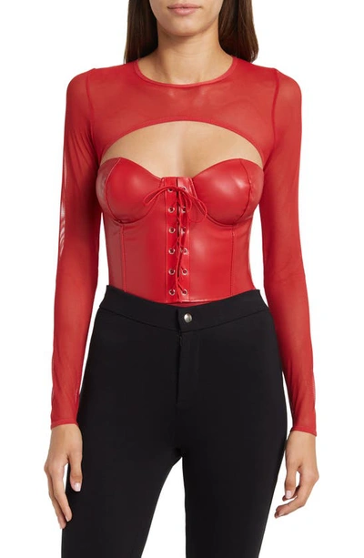 Secret Lace Vegan Leather Mesh Lace-up Bodysuit In Red