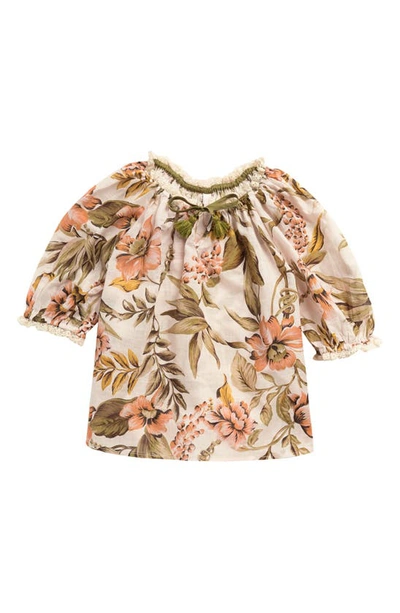 Zimmermann Kids' Anneke Floral Print Smocked Cotton Top In Neutrals