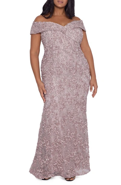 Xscape Off The Shoulder Embroidered Lace Gown In Taupe