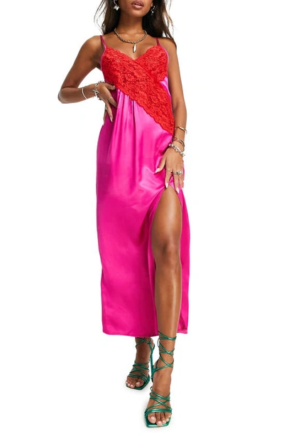 Topshop Contrast Lace Color Block Slip Dress In Pink