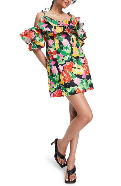 Topshop Cotton Blend Bold Floral Ruffle Bardot Mini Dress In Multi