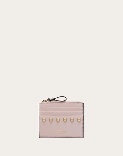 Valentino Garavani Rockstud Calfskin Cardholder With Zip Woman Rose Quartz Uni In Rose Quartz