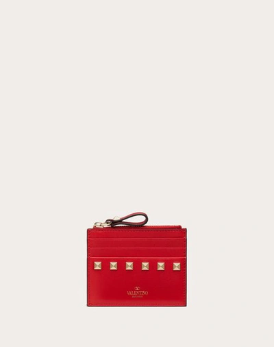 Valentino Garavani Rockstud Calfskin Cardholder With Zip Woman Rouge Pur Uni In Rouge Pur