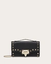 Valentino Garavani Rockstud Grainy Calfskin Wallet With Chain Strap Woman Black Uni In Black