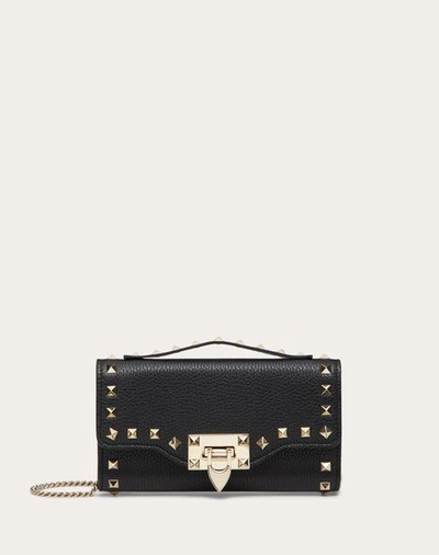 Valentino Garavani Rockstud Grainy Calfskin Wallet With Chain Strap Woman Black Uni