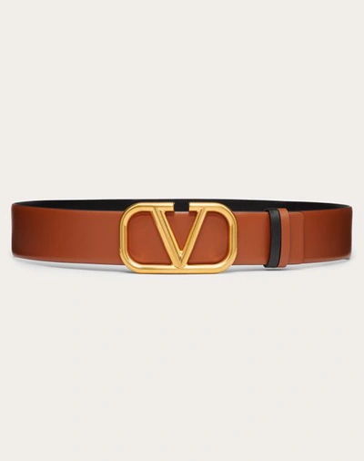 Valentino Garavani Reversible Vlogo Signature Belt In Glossy Calfskin 40 Mm Woman Saddle Brown/black