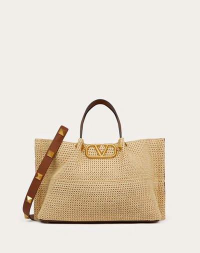 VALENTINO GARAVANI VALENTINO GARAVANI MEDIUM STRAW SUMMER TOTE WOMAN SADDLE BROWN/NATURAL/ROUGE PUR UNI