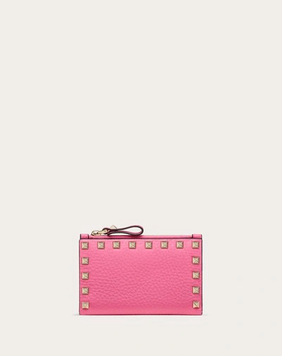 Valentino Garavani Rockstud Grainy Calfskin Cardholder With Zip Woman Pink Uni In Pink