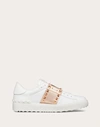 Valentino Garavani White Leather Rockstud Untitled Sneakers With Gold Rose Band In White/copper
