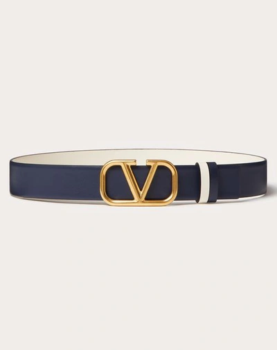 Valentino Garavani Reversible Vlogo Signature Belt In Glossy Calfskin 30 Mm Woman Marine/light Ivory