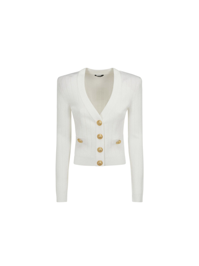 Balmain White Cropped Knit Cardigan
