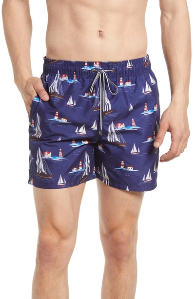 Bugatchi Lighthouse Sail Swim Trunks In Navy