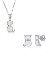 Simona Sterling Silver White Inlay Opal Cat Necklace & Earrings Set In White