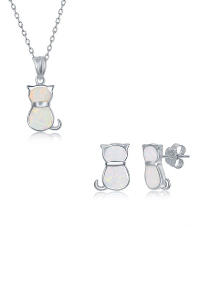 Simona Sterling Silver White Inlay Opal Cat Necklace & Earrings Set