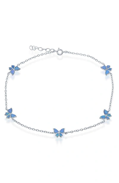 Simona Sterling Silver Blue Created Opal Butterfly Charm Anklet