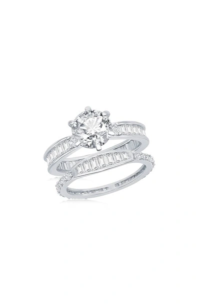 Simona Sterling Silver Baguette & Round Cubic Zirconia Engagement Ring Set